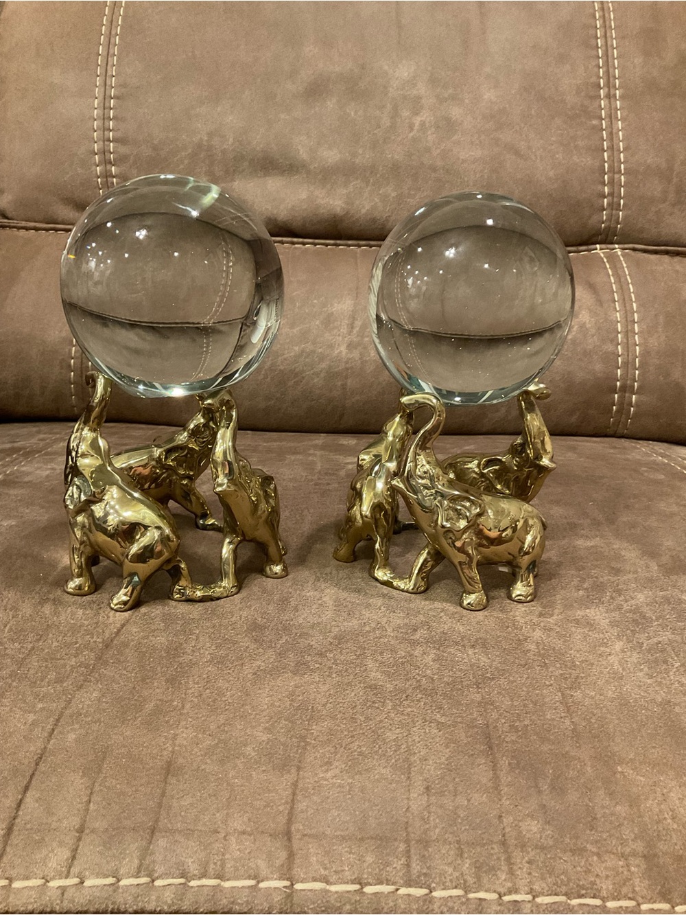 Pair of Vintage Elephant Brass with Crystal Globes Decor